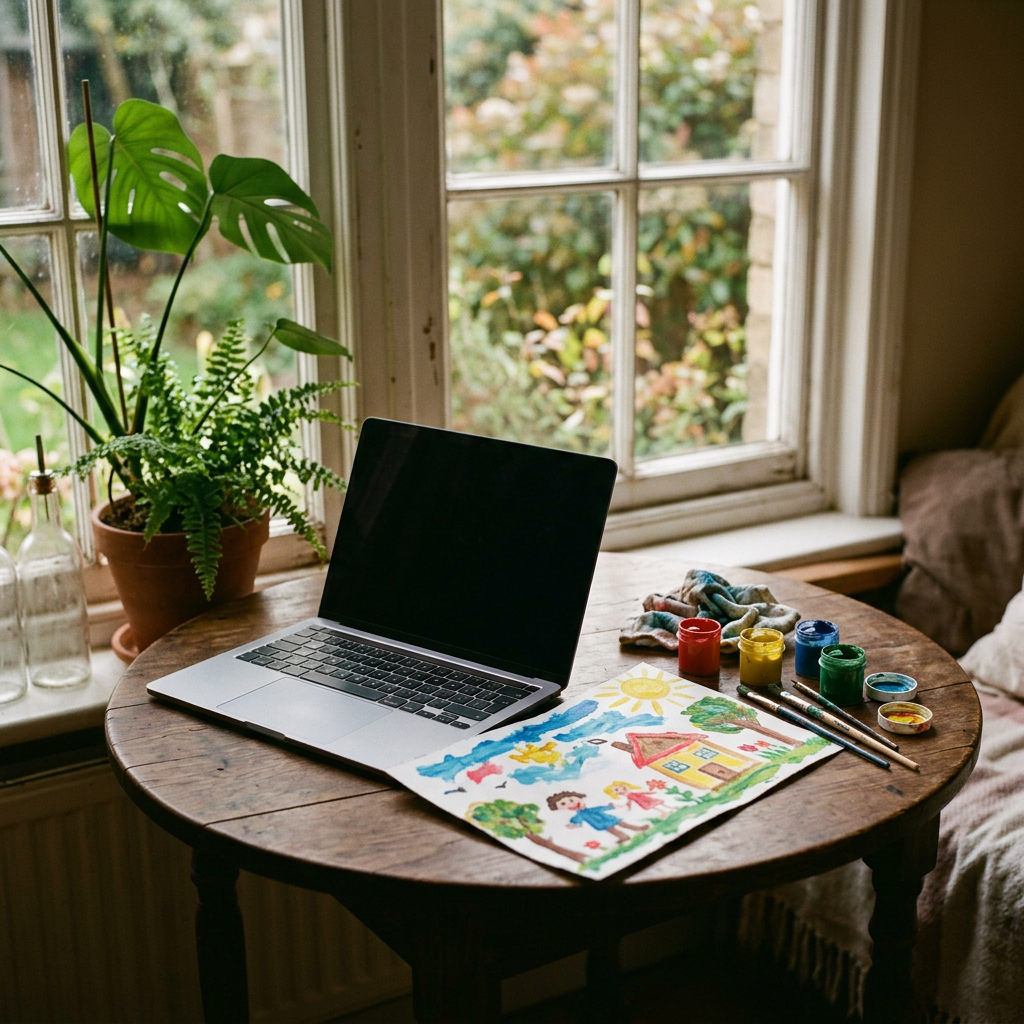 A laptop on a round wooden table by a window, next to a child’s painting and paint pots. A generated image.